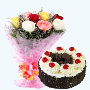 Multicolour flowers bouquet with Black forest cake