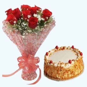 Red roses bouquet with Butterscotch cake